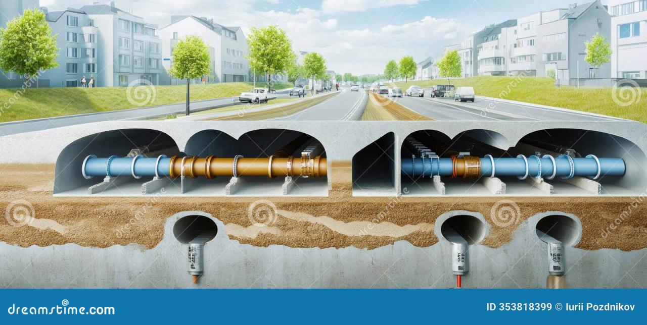District Heating Pipes and Water Pipes Running Under a City Road Stock ...