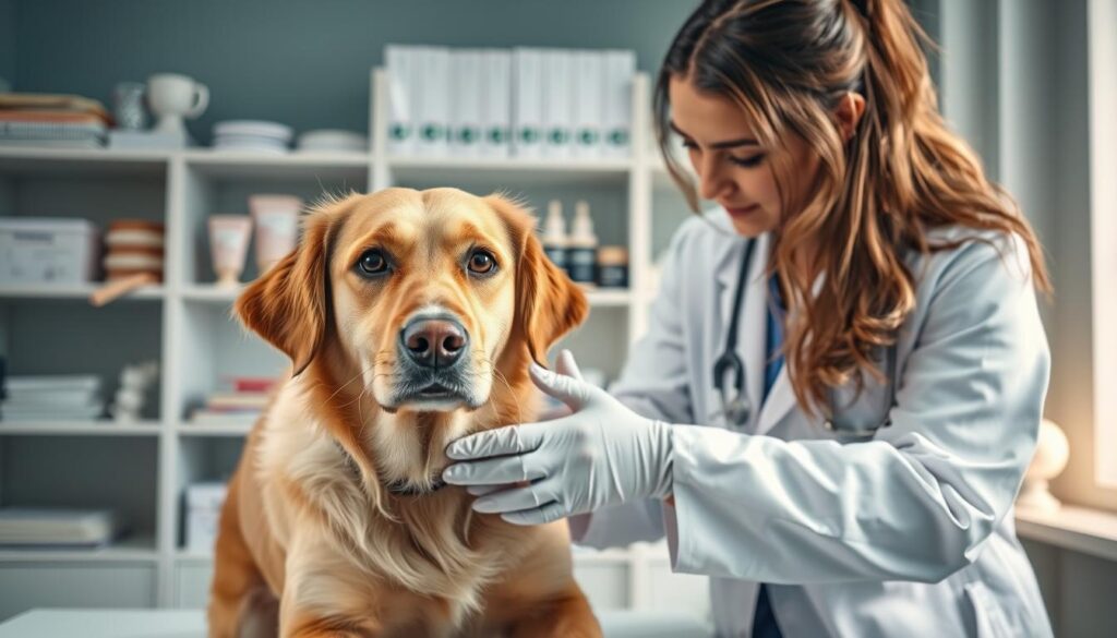 veterinary dermatologist examining a dog for contact dermatitis